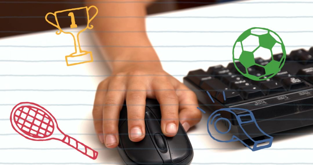 Student Utilizing Computer with Sports Icons Overlay for Education