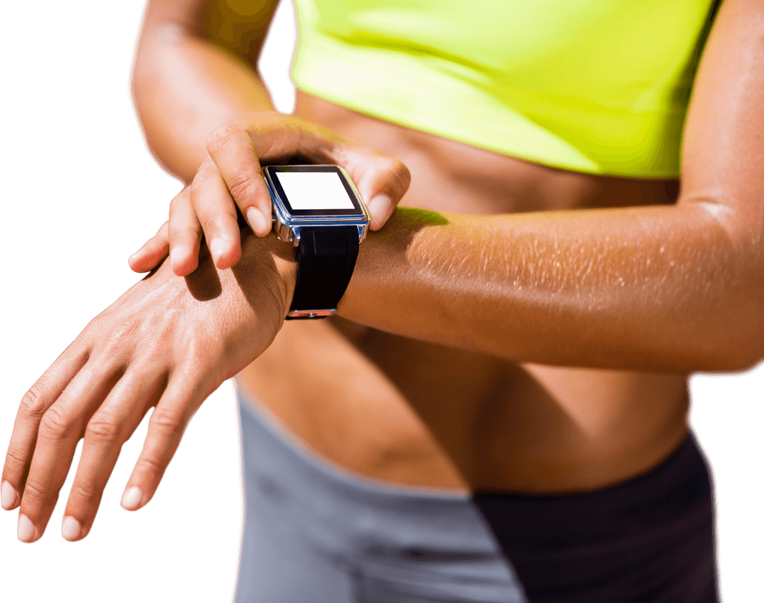 Hispanic Woman Monitoring Smartwatch Fitness Progress Transparent Background