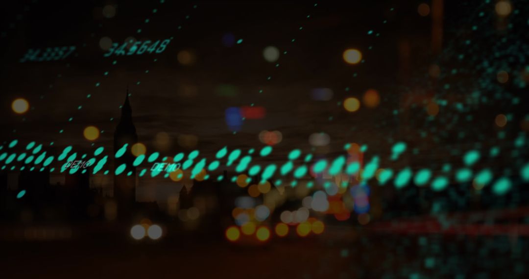 Abstract Digital Data Seamlessly Overlaying Night Cityscape