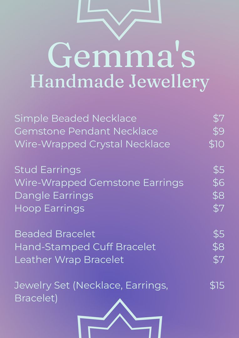 Gemma's Handmade Jewellery Price List on Pastel Gradient - Download Free Stock Templates Pikwizard.com