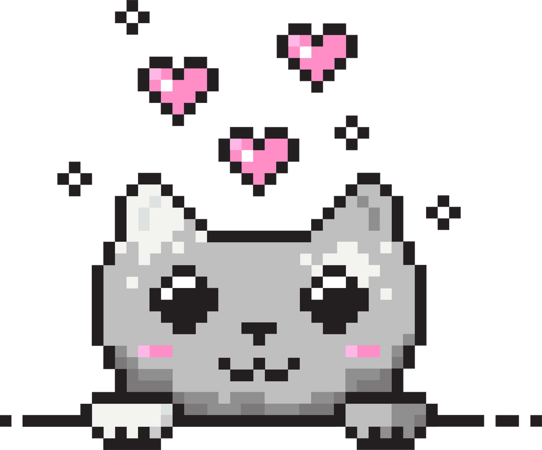 Cute Pixel Art Cat with Hearts on Transparent Background