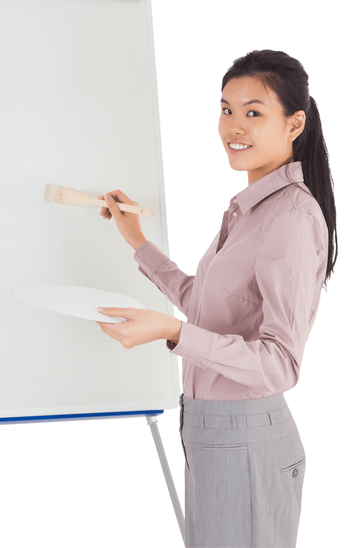 Businesswoman Painting on Easel with Positive Expression, Transparent Background