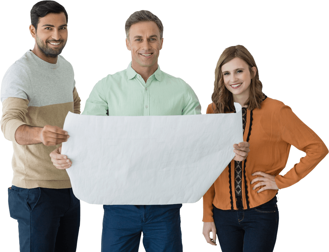 Transparent Group Business Team with Blueprint Smiling