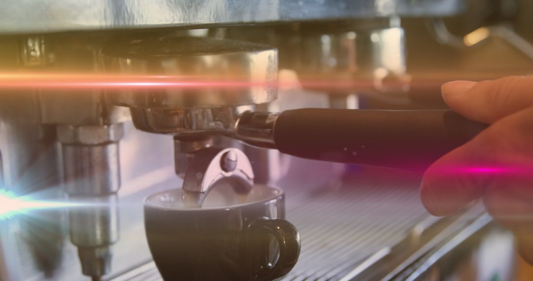 Making Espresso in Modern Coffee Machine with Artistic Light Effects