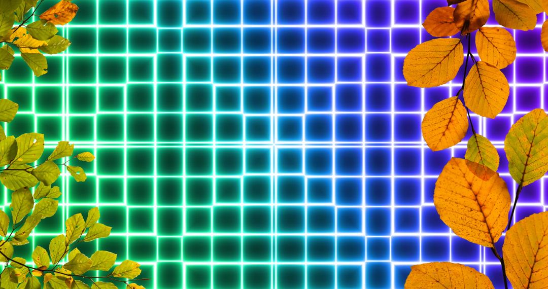 Vibrant Leaves with Neon Light Grid Background