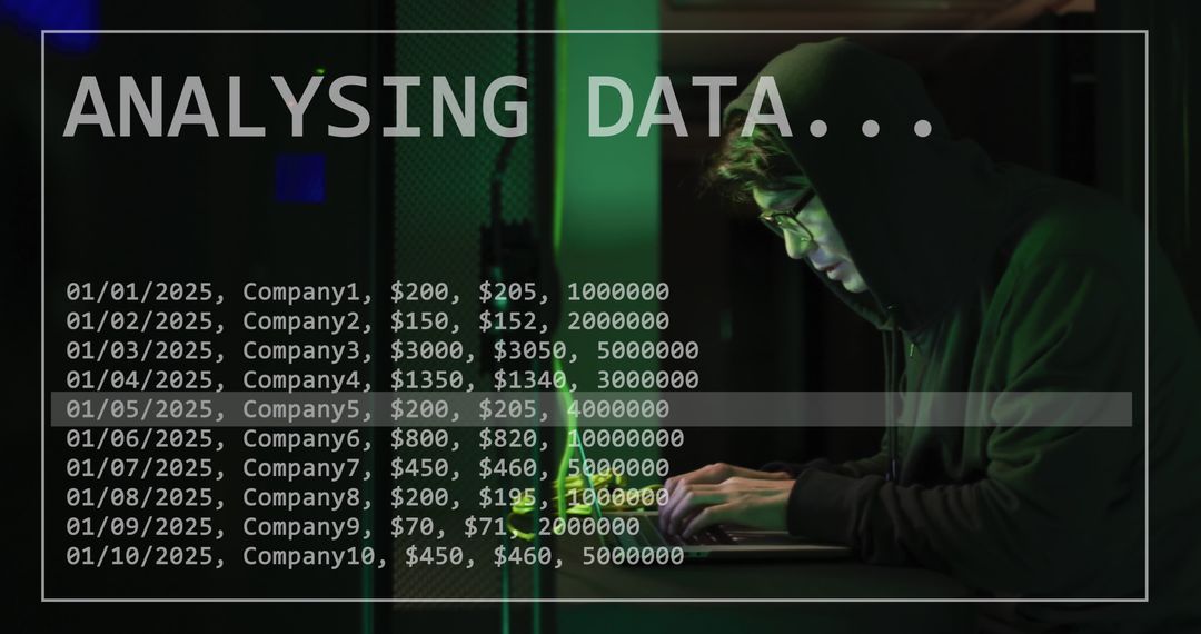 Hooded Hacker Analyzing Data on Laptop in Dark Room