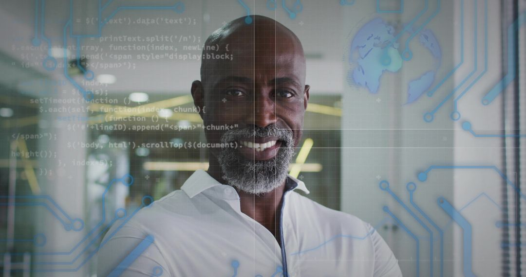 Confident Engineer Embracing Innovation with Digital Overlay