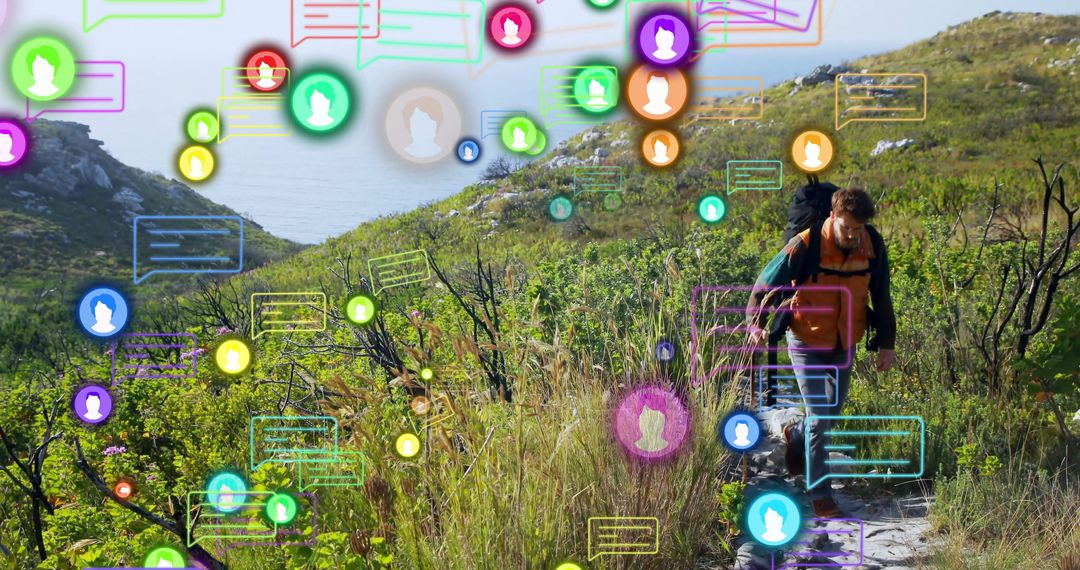 Hiker on Coastal Trail with Chat Icons Blending Nature and Technology
