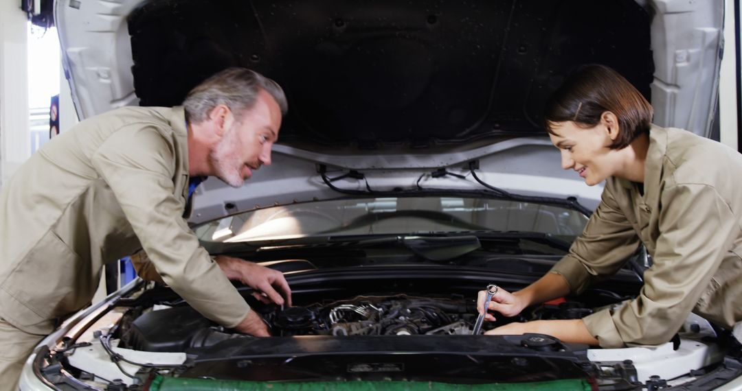 Experienced Mechanic Teaching Young Woman Car Repair in Garage - Free Images, Stock Photos and Pictures on Pikwizard.com