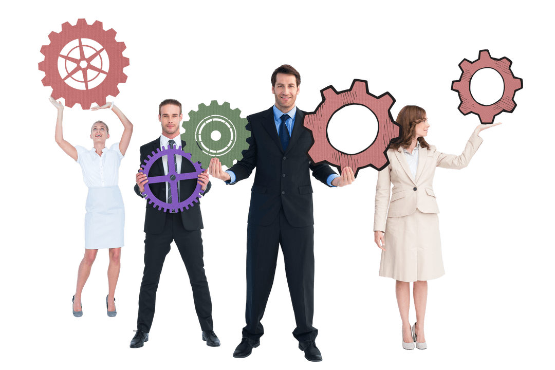 Caucasian Professionals Holding Gears on Transparent Background