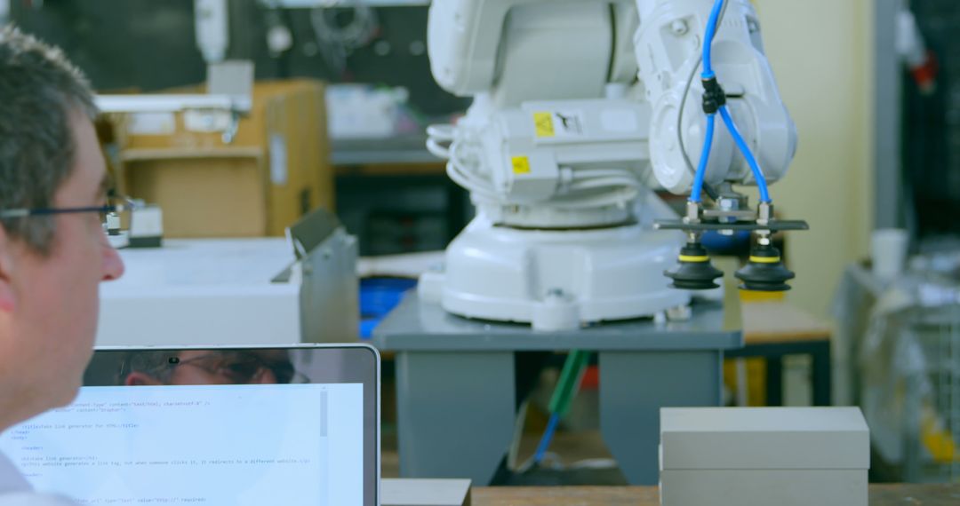 Engineer Working with Robotic Equipment in a Warehouse Environment