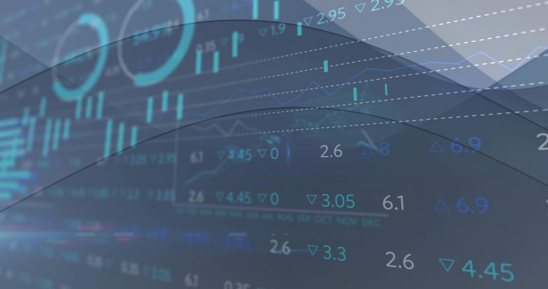 Blue-teal financial dashboard showing candlestick charts, numeric analytics and gridlines