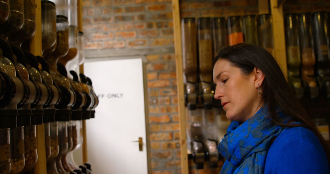 Woman Shopping in Zero Waste Store with Bulk Dispensers - Free Images, Stock Photos and Pictures on Pikwizard.com