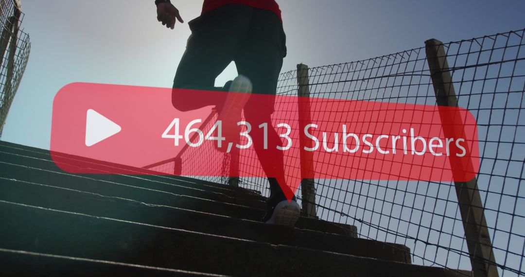 Man Running Up Steps with Social Media Subscriber Overlay