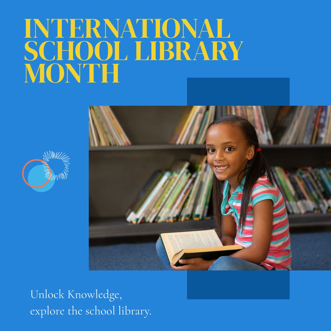 Composite of international school library month text and biracial girl smiling and reading book - Download Free Stock Templates Pikwizard.com