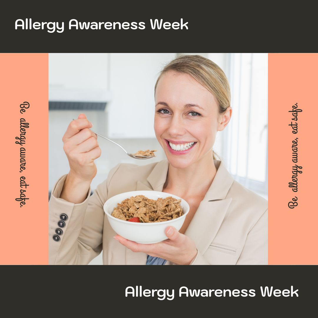 Smiling Woman Enjoying Healthy Breakfast for Allergy Awareness
