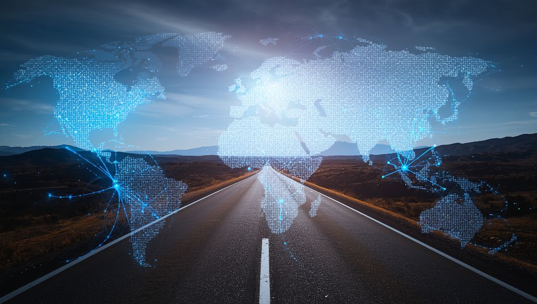 Futuristic World Map Overlay on Open Highway at Twilight