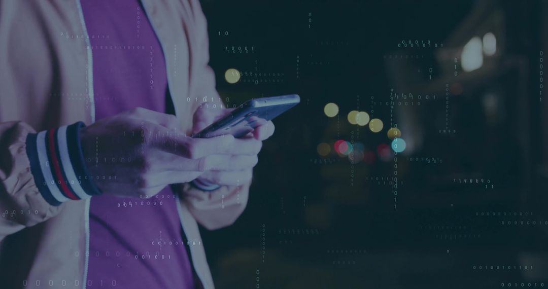Man Using Smartphone in Dynamic Urban Nightscape with Digital Overlay