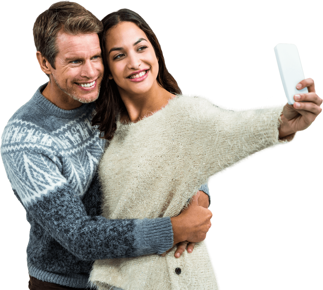 Transparent Couple in Warm Clothes Taking Selfie Together