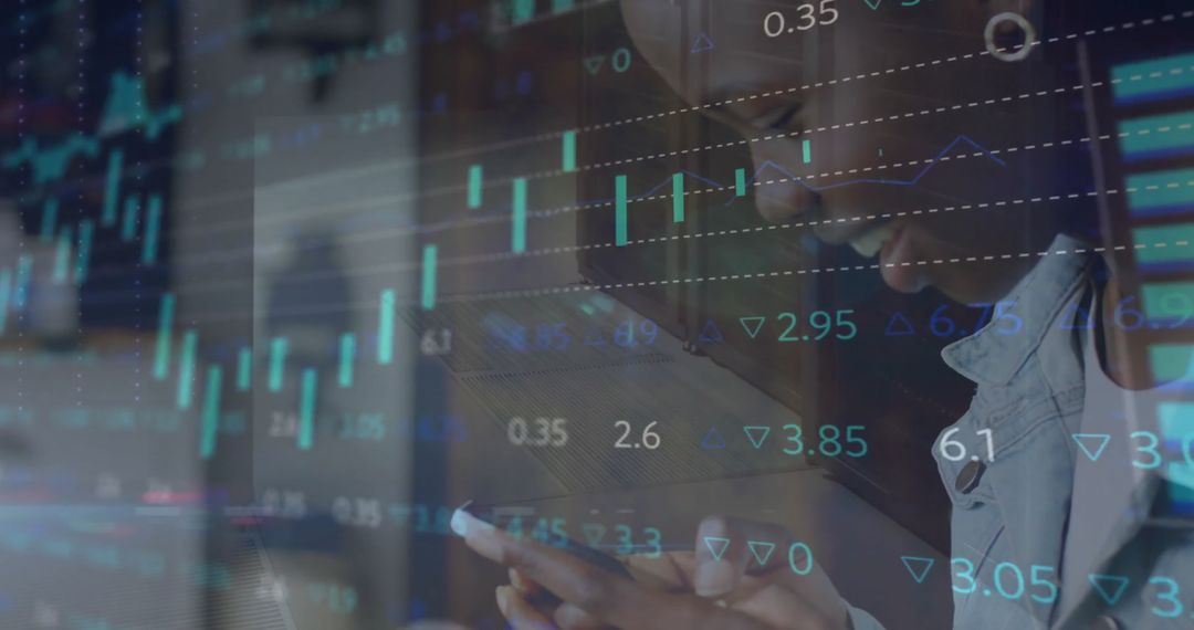 Smiling Woman Using Smartphone Overlaid with Digital Stock Charts