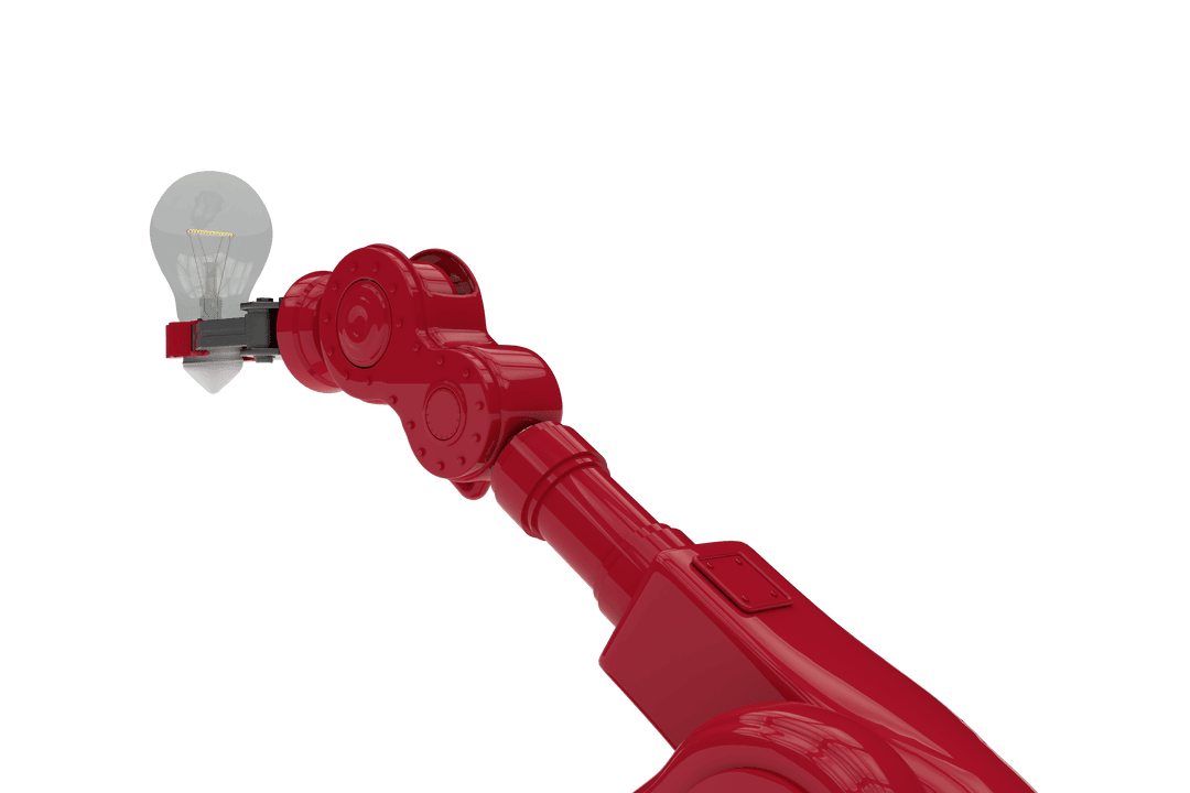 Transparent Red Robotic Arm Holding Light Bulb for Innovation Concept
