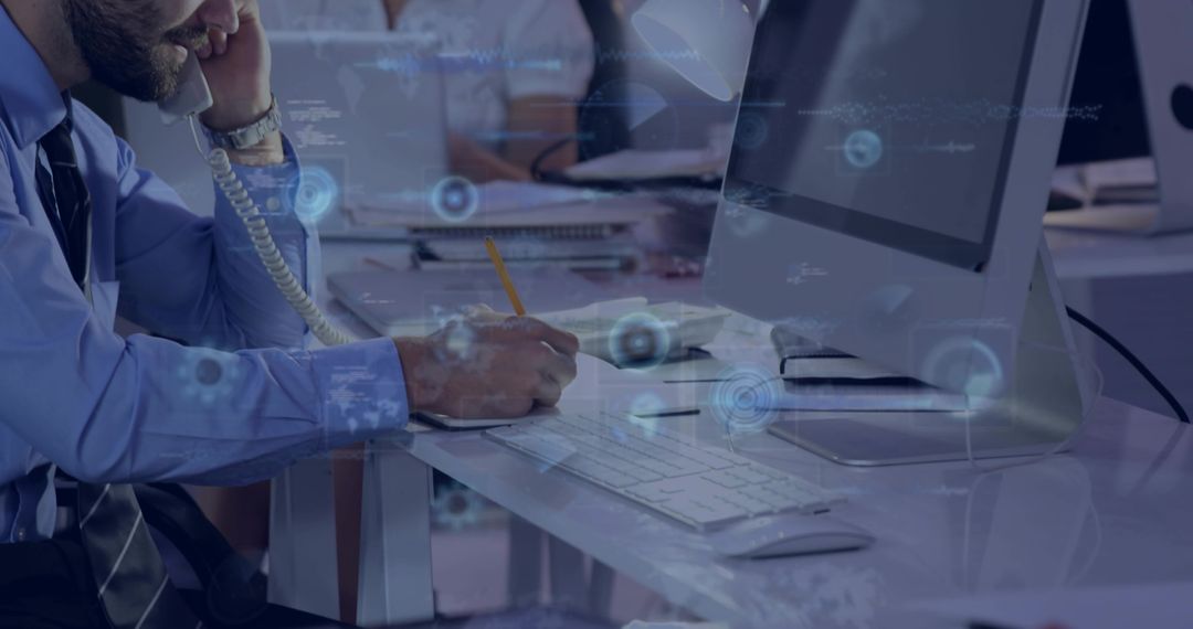 Professional Office Employee Taking Phone Notes with Technological Overlay