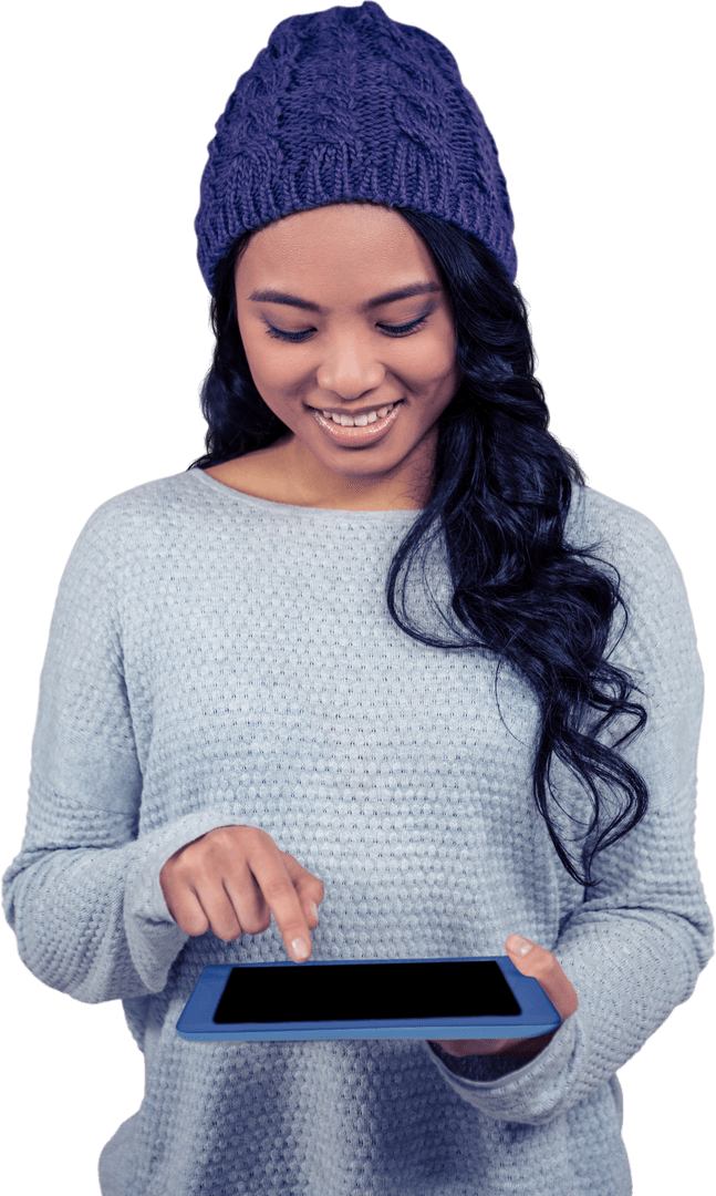 Smiling Asian Woman in Beanie Using Tablet with Transparent Background