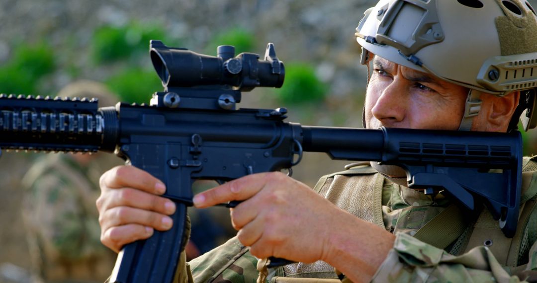 Solider Aiming with Rifle During Military Training Outdoors - Free Images, Stock Photos and Pictures on Pikwizard.com