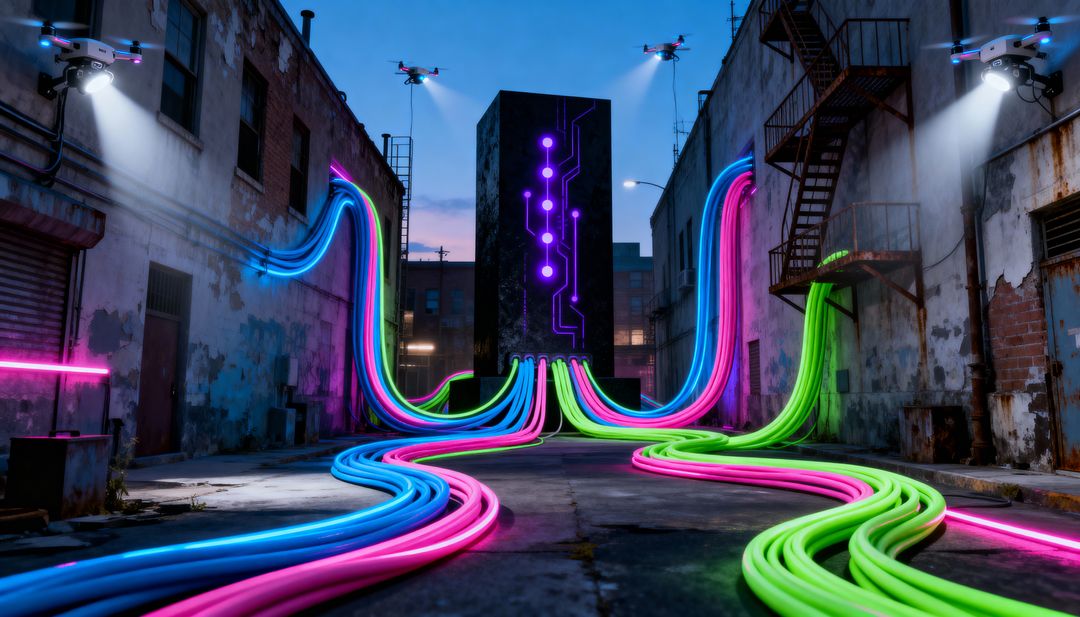 Neon Cables Converging on Glowing Circuit Monolith in Dystopian Cyberpunk Alley