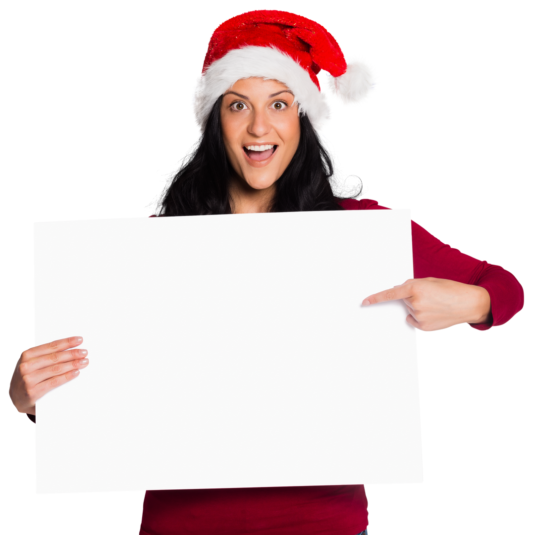 Happy Woman In Santa Hat Pointing At Transparent White Sign - Download Free Stock Images Pikwizard.com