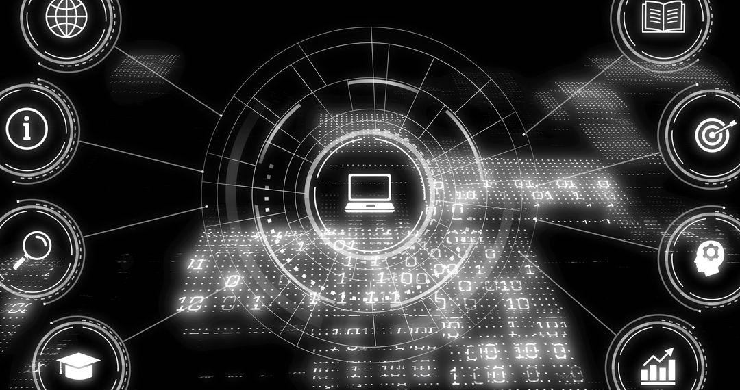 Futuristic Digital Interface with Binary Streams and Tech Icons