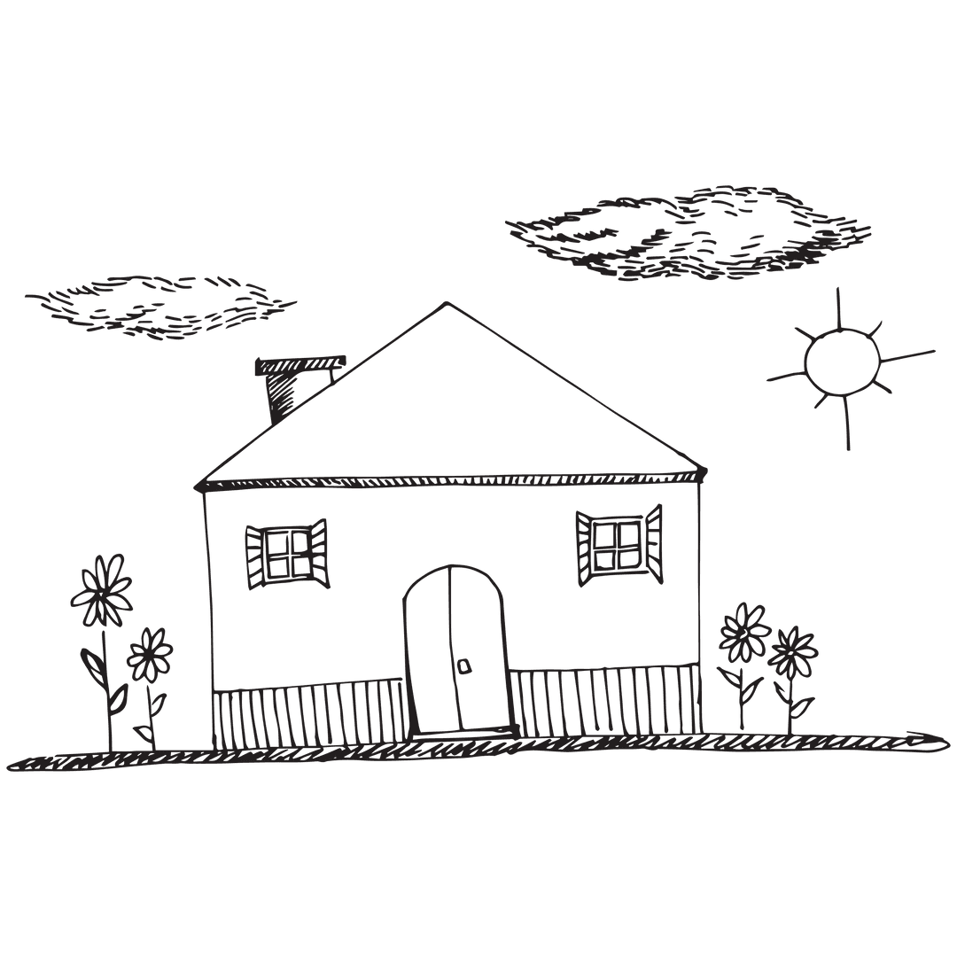 Childlike Drawing of House with Clouds and Sun on Transparent Background