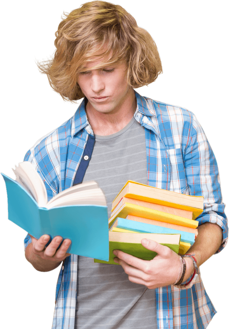 Focused Teen Boy Reading Multiple Books Transparent Background