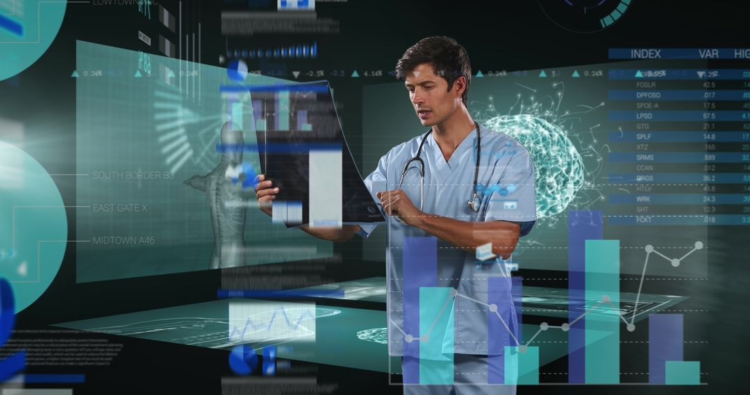 Doctor Analyzing X-ray with Futuristic Digital Interface
