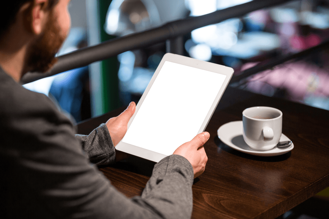 Transparent Device Screen with Businessman in Cafe Relaxation
