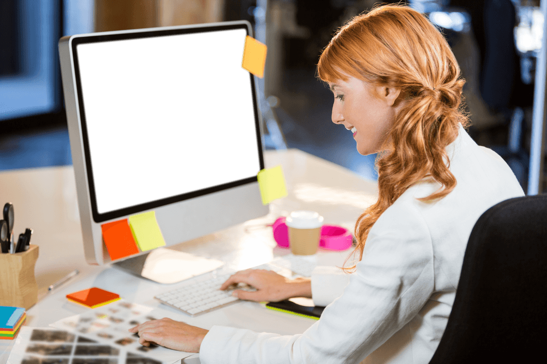 Transparent Computer Screen Template in Office with Businesswoman