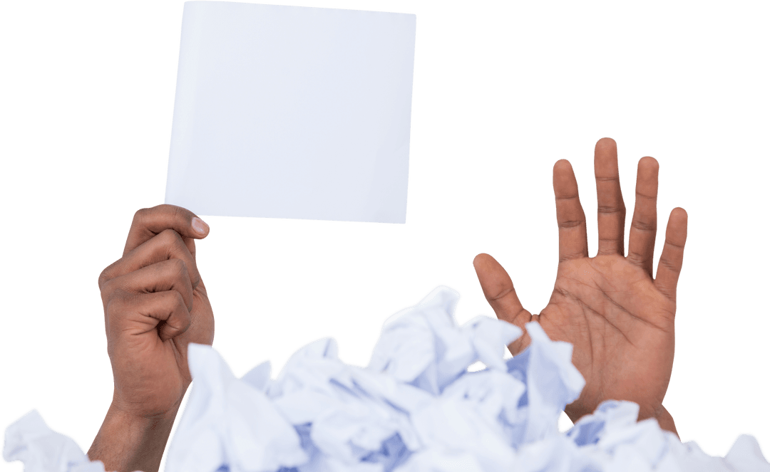 Hand Holding Blank Page Amidst Crumpled Papers on Transparent Background