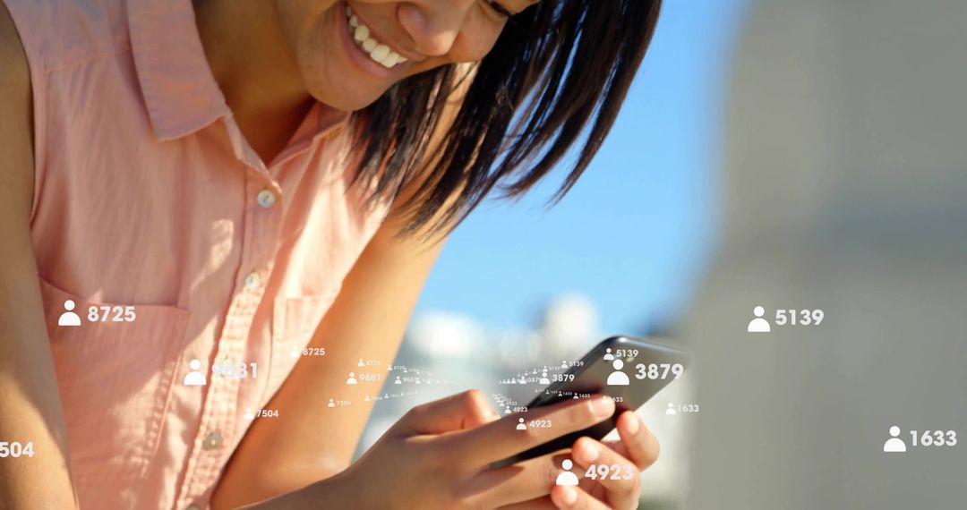 Smiling Woman Using Smartphone with Social Media Follower Count Overlays