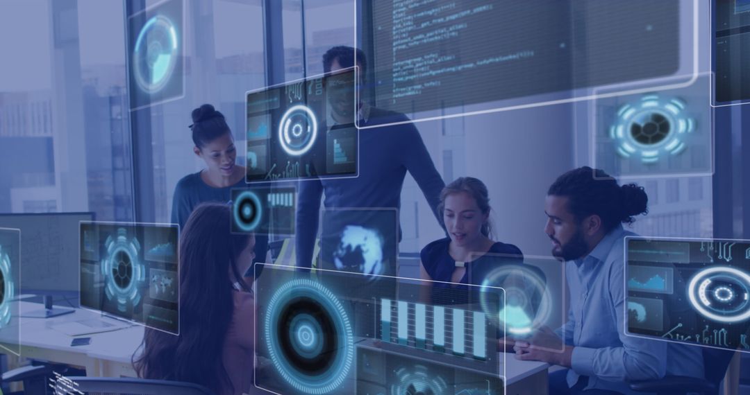 Diverse Team Analyzing Data with Futuristic Software in Modern Office