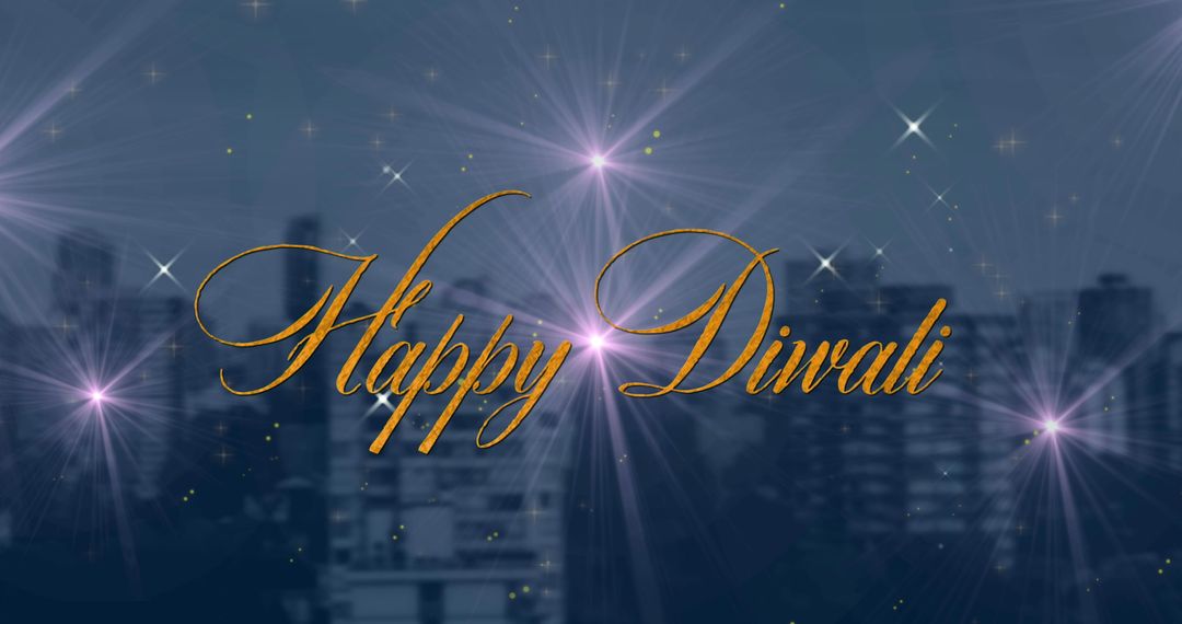 Happy Diwali with Sparkling Fireworks and Cityscape Background