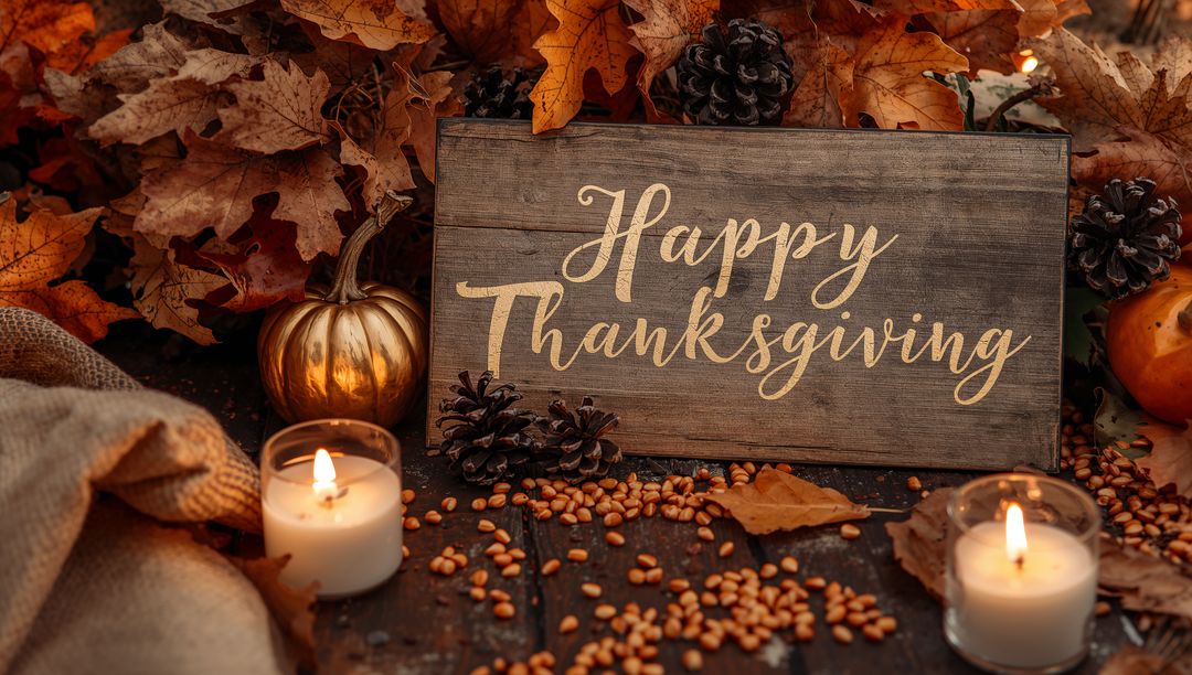 Rustic Happy Thanksgiving Plaque with Candlelight, Golden Pumpkin and Autumn Leaves