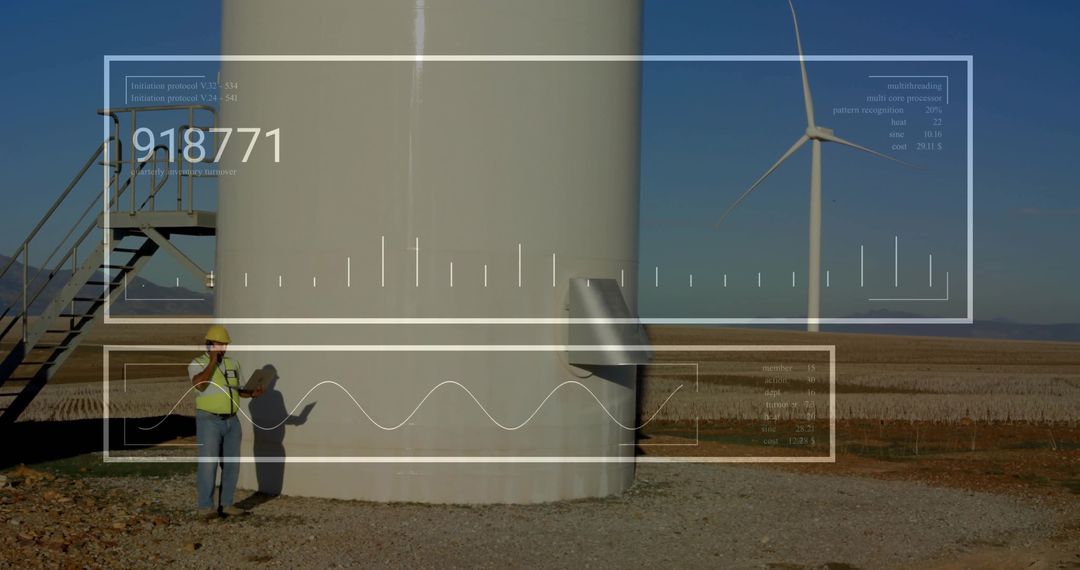 Engineer Inspecting Wind Turbine with Digital Interface Overlay