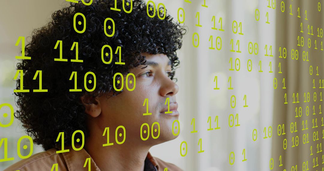 Gazing man with curly hair through floating binary code overlay, contemplative portrait