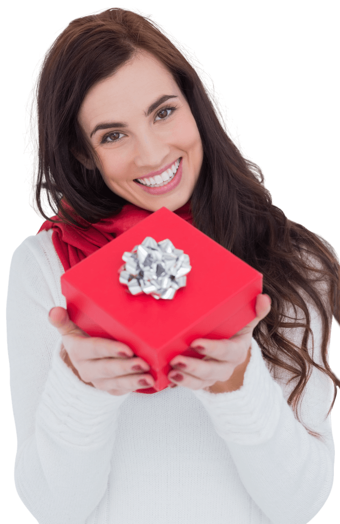 Smiling Woman Presenting Gift Box with Silver Bow on Transparent Background