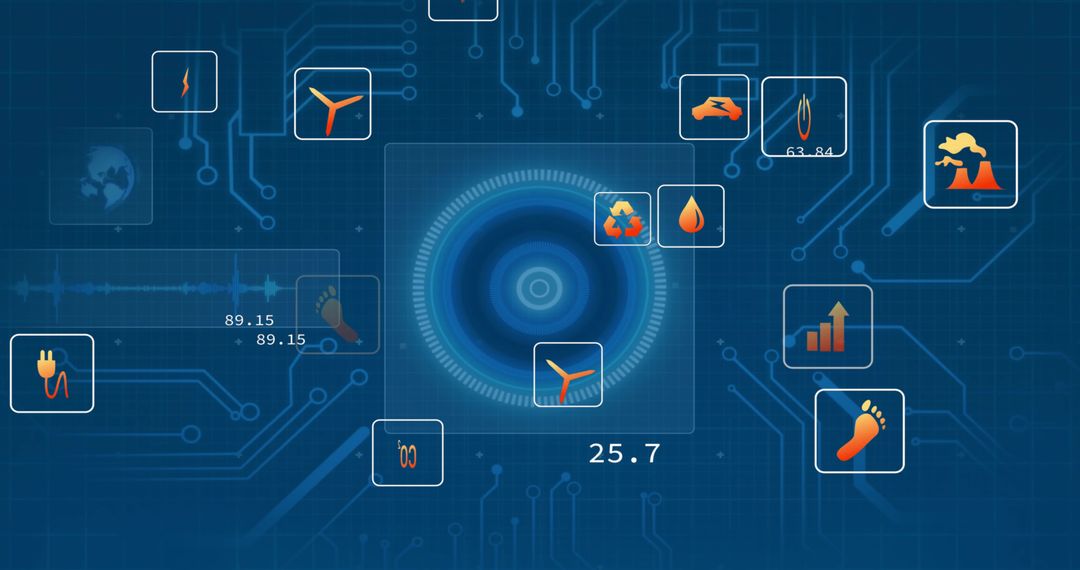 Virtual Interface with Technology and Renewable Energy Icons