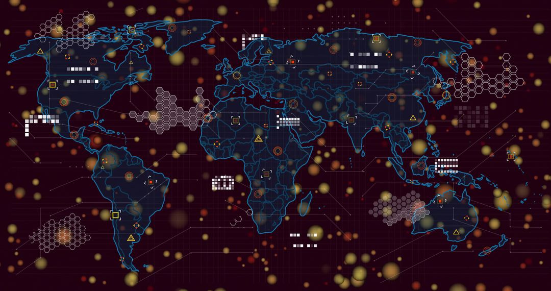 Futuristic neon world map highlighting global network nodes and hex cluster visualization