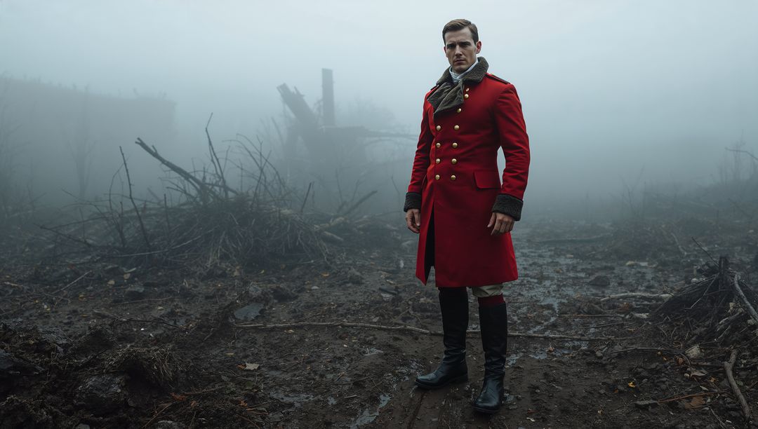 Historic European Officer on Foggy Battlefield in Red Greatcoat