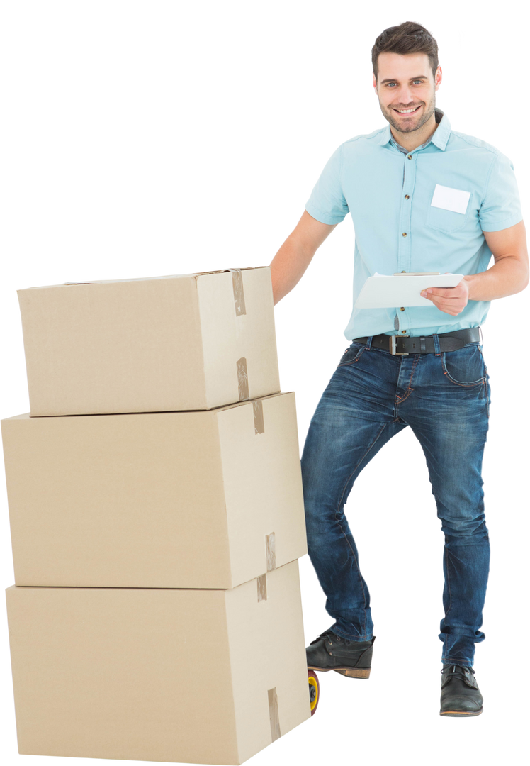 Transparent Delivery Man Managing Cardboard Boxes in Blue Denim - Download Free Stock Images Pikwizard.com