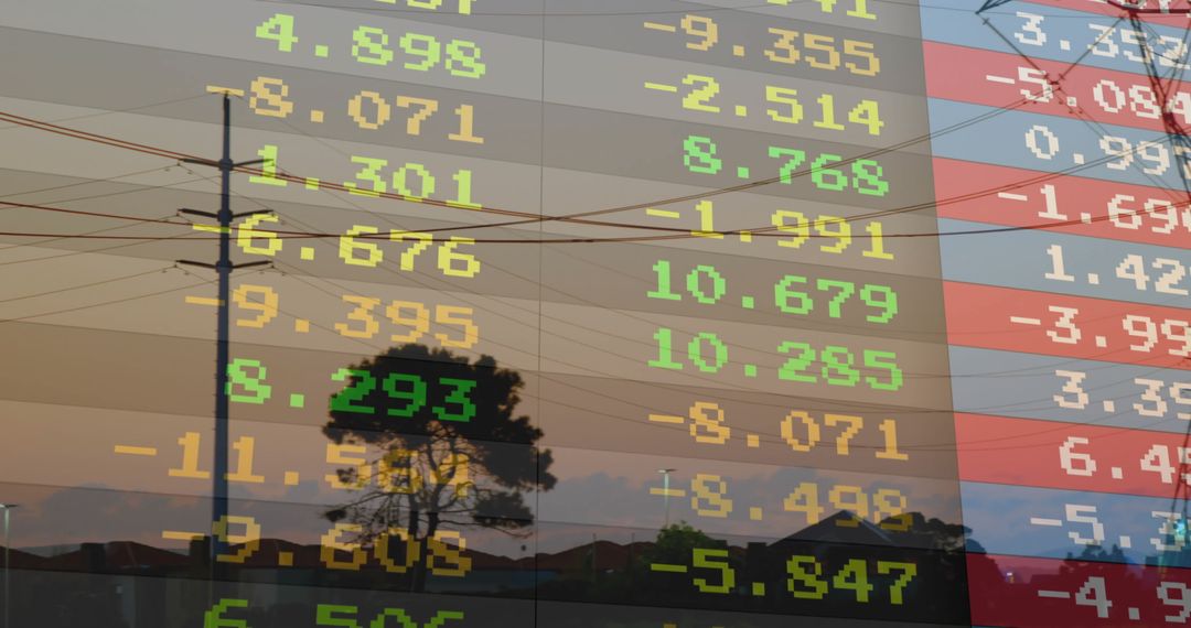 Digital Stock Market Ticker Overlay on Suburban Twilight Skyline