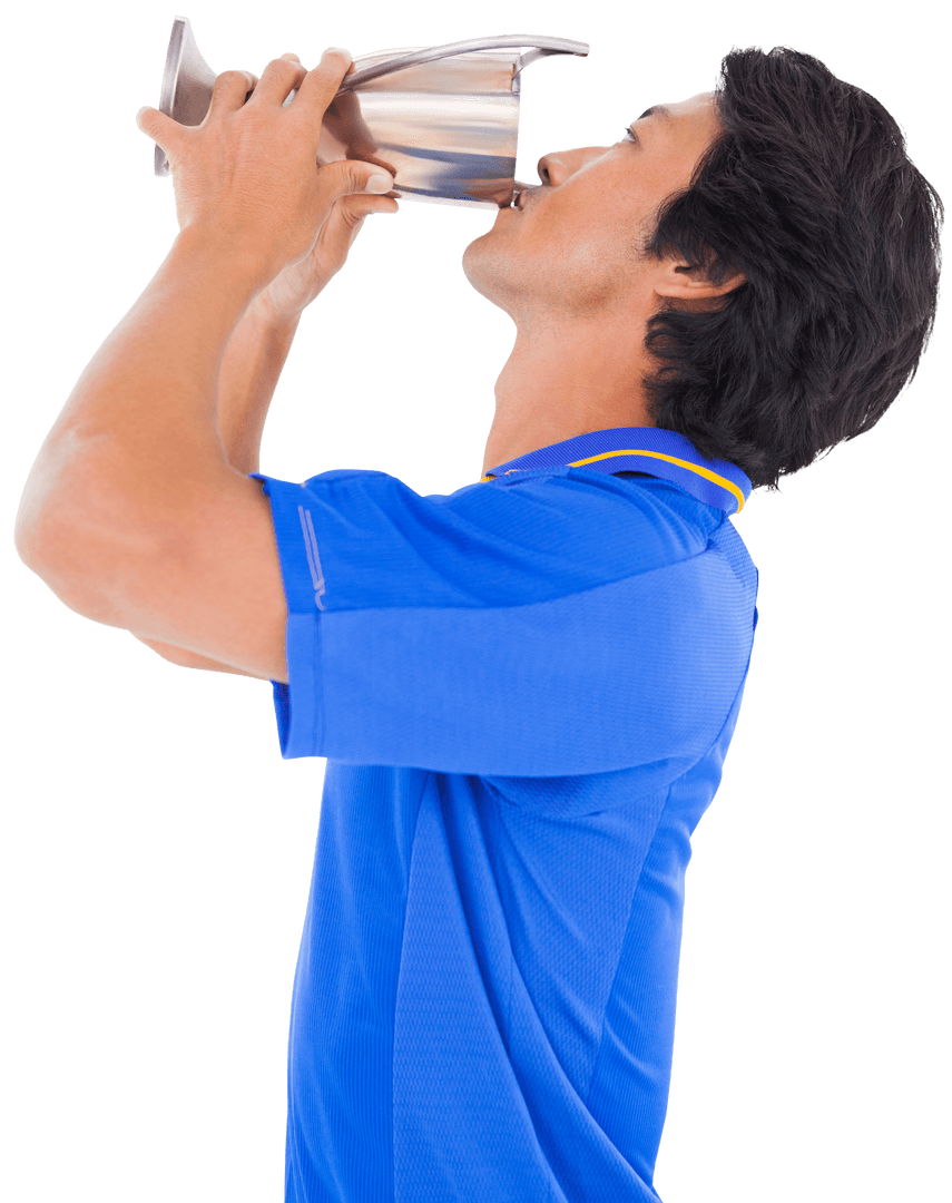 Victorious Soccer Player in Blue Shirt Celebrating with Transparent Trophy